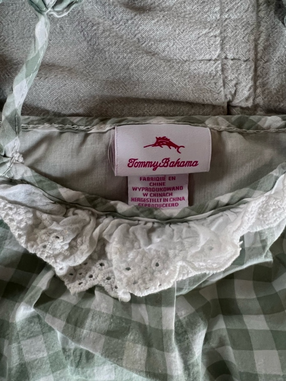 Tommy Bahama Sage Green & White Gingham Tie-Strap Top - Picture 3 of 3